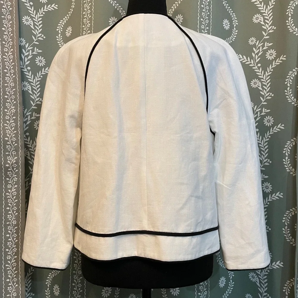 NEW J.Crew Linen Blazer Jacket White Black Piping‎ Zip Front 3/4 Sleeve Sz 12